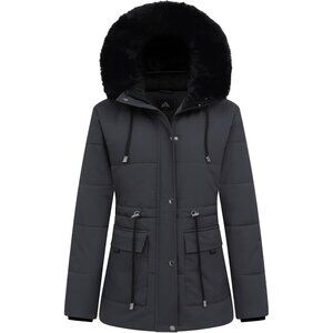👑Women Dark Gray Warm Winter Puffer Coat Fleece Jacket Faux Fur Detachable Hood